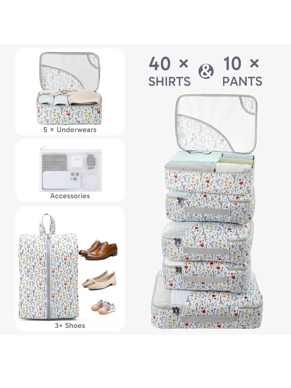 Floral Travel Packing Cube Set – White & Multicolor